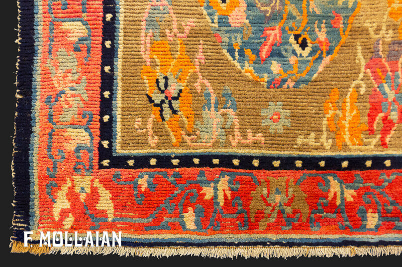 فرش کوچک آنتیک تبتی پشمی با حاشیه صورتی رنگ کد:۵۶۷۱۶۲۸۷